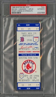 1986 Boston Red Sox Full Ticket From Roger Clemens 20 Strikeout Game (PSA/DNA)